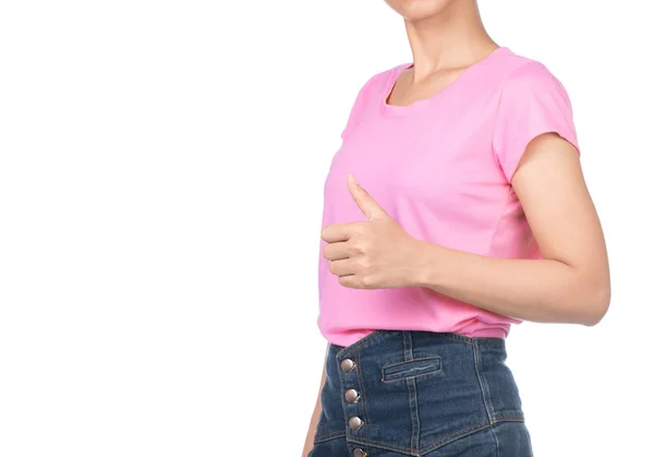 Kvinna Bär Blank Rosa Shirt Visar Tummen Upp Isolerad Vit — Stockfoto