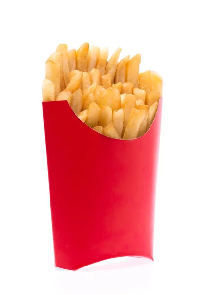 Frietjes Een Rode Papieren Zak Geïsoleerd Een Witte Achtergrond — Stockfoto