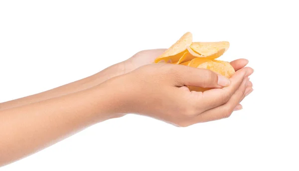 Mano Sosteniendo Patatas Fritas Aisladas Sobre Fondo Blanco —  Fotos de Stock