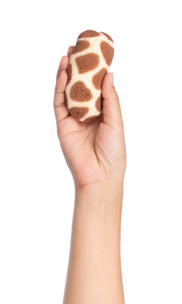 Mão Segurando Bolo Banana Com Chocolate Isolado Fundo Branco — Fotografia de Stock