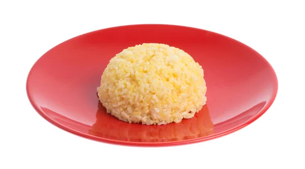 Rice Plate Portion Cooked Yellow Rice Red Ceramic Dish — Stok fotoğraf