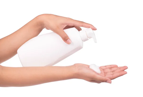 Mão Apresentando Sabão Líquido Xampu Loção Desinfetante Isolado Sobre Fundo — Fotografia de Stock