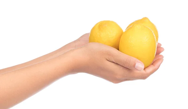 Hand Holding Fresh Lemon Isolated White Background — Stock Photo, Image