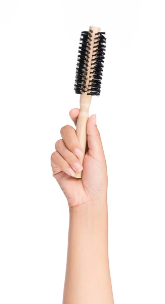 Hand Holding Wood Hair Comb Isolated White Background — Stock Photo, Image