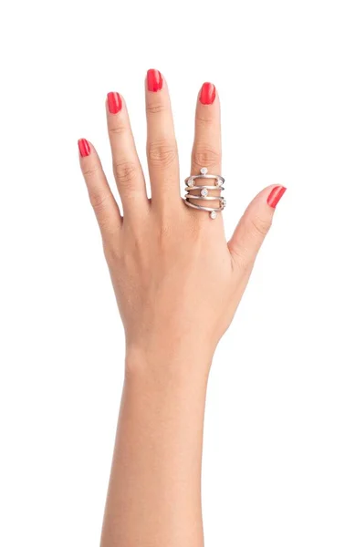 Εμφάνιση Δαχτυλίδι Στο Δάχτυλο Που Απομονώνονται Λευκό Φόντο — Φωτογραφία Αρχείου