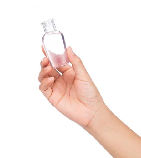 Mão Segurando Perfume Plástico Frasco Isolado Fundo Branco — Fotografia de Stock