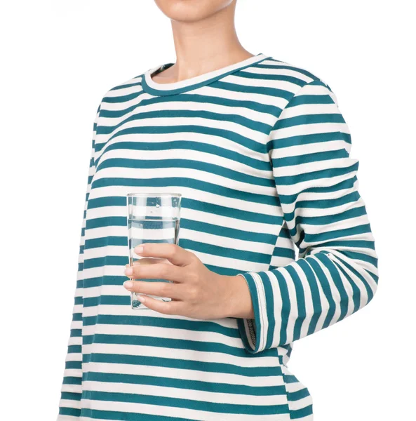 Girl Dressed Long Sleeve Shirt Hold Glass Water Isolated White — Stock Photo, Image