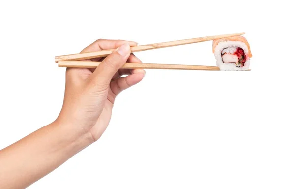 Hand Hält Frischen Sushi Lachs Durch Essstäbchen Isoliert Auf Weißem — Stockfoto