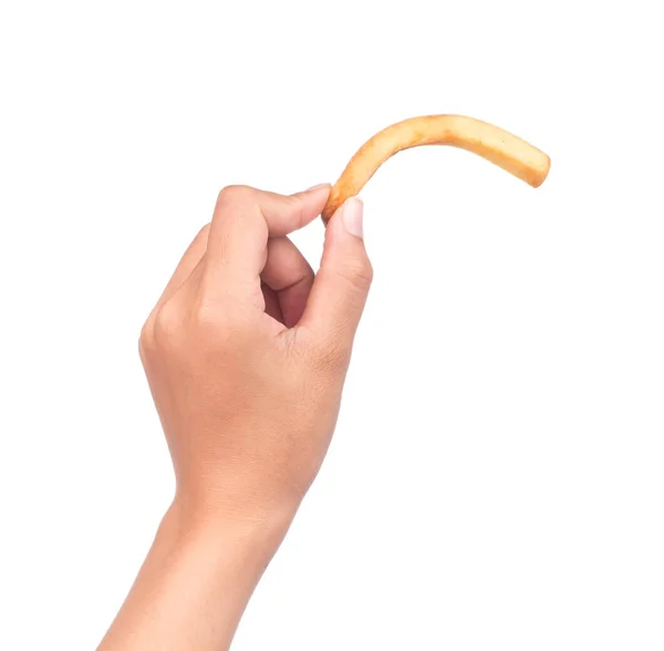 Hand Houden Friet Aardappelen Geïsoleerd Witte Achtergrond — Stockfoto