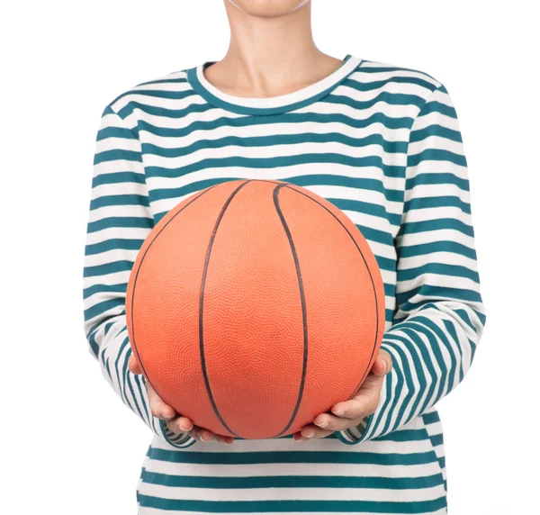 Mão Segurando Basquete Borracha Laranja Isolado Fundo Branco — Fotografia de Stock