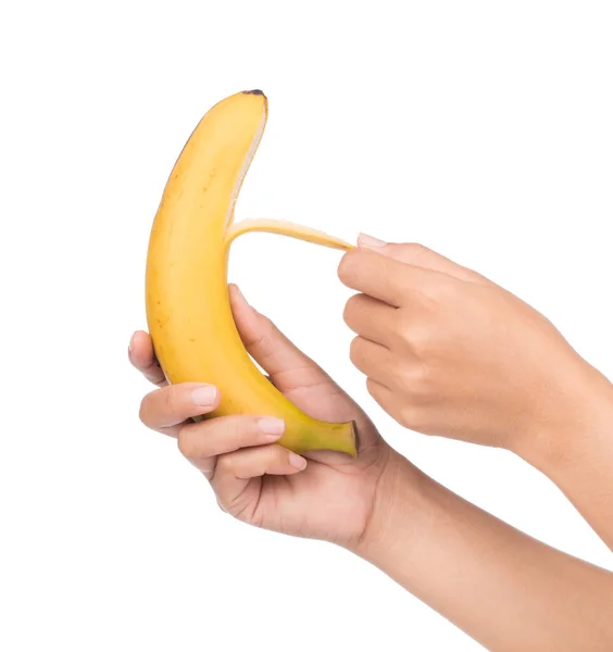 Mãos Descascando Banana Isolado Fundo Branco — Fotografia de Stock