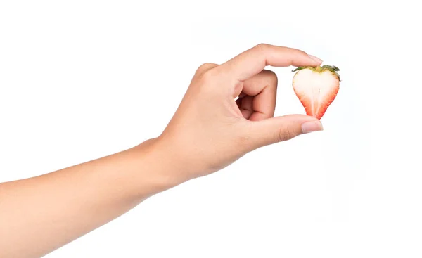 Hand Holding Half Strawberry Isolated White Background — Stock Photo, Image