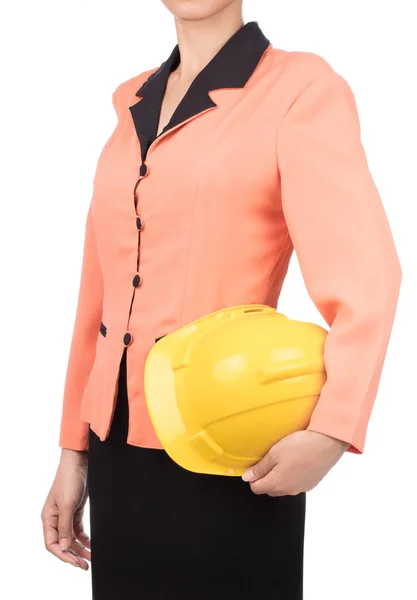 Kobieta Inżynier Cywilny Pomarańczowej Koszuli Trzymając Kask Bezpieczeństwa Konstrukcji Izolowane — Zdjęcie stockowe