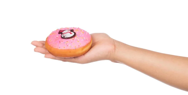 Hand Houden Donut Sneeuwman Patroon Geïsoleerd Witte Achtergrond — Stockfoto