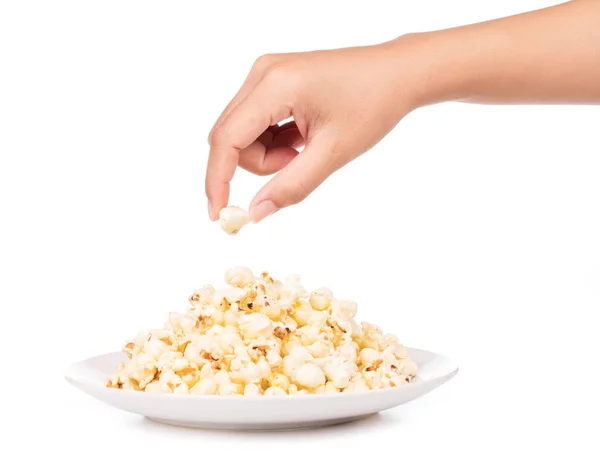 Fingrar Pop Corn Skålen Isolerad Vit Bakgrund — Stockfoto