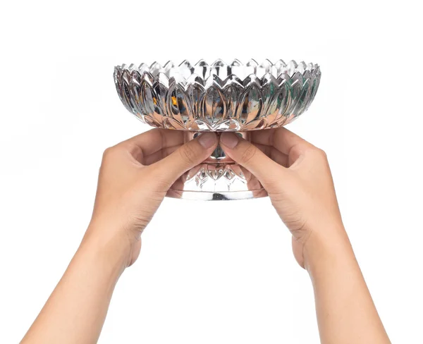 Hand Held Silver Tray Pedestal Isolated White Background — Stock Photo, Image