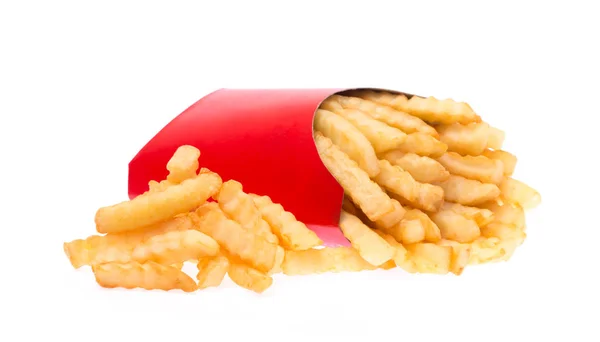 Batatas Fritas Serrilhadas Num Saco Papel Vermelho Isolado Sobre Fundo — Fotografia de Stock