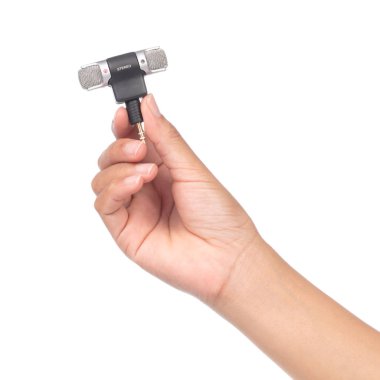 Mini stereo mikrofon 3.5 mm Mini Not Defteri, Not Defteri, Jack beyaz arka planda izole edilmiş.