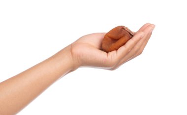 Beyaz arkaplanda el ele tutuşan kuru hurma.