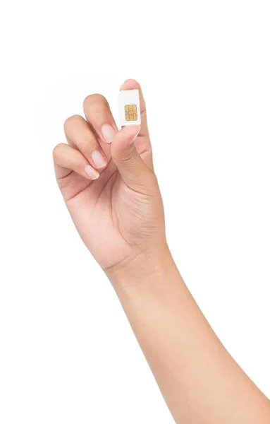 Ręką Trzyma Karty Sim Włóż Smartphone Białym Tle — Zdjęcie stockowe