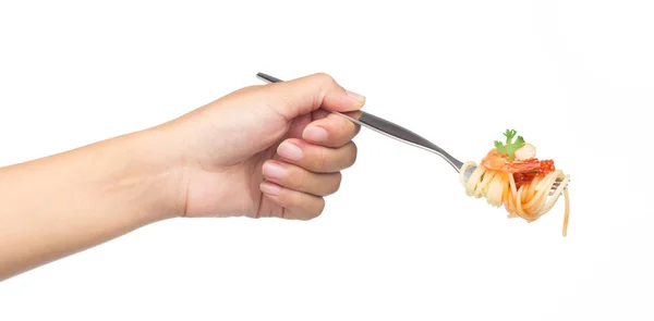 Hand Hält Garnelen Pasta Spaghetti Auf Gabel Isoliert Auf Weißem — Stockfoto