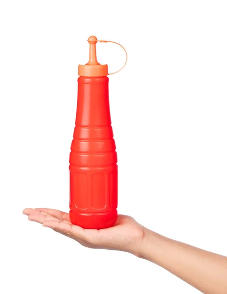 Hand Hålla Flaska Tomat Ketchup Isolerad Vit Bakgrund — Stockfoto
