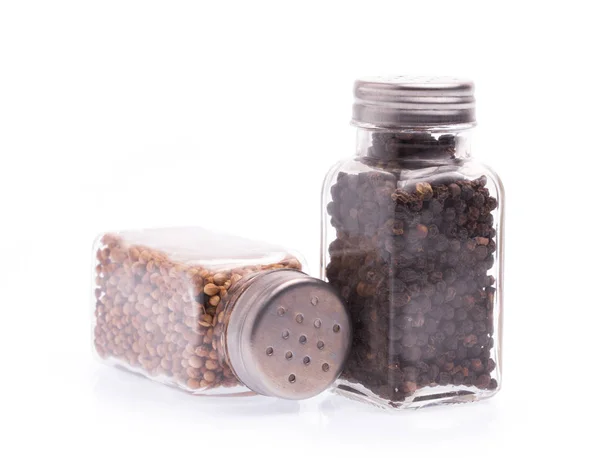 Bottle Black Pepper Coriander Seeds Isolated White Background — Stock Photo, Image