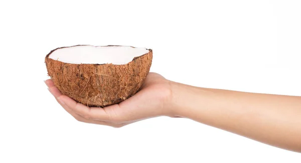 Hand Hålla Coconut Gamla Brun Isolerad Vit Bakgrund — Stockfoto