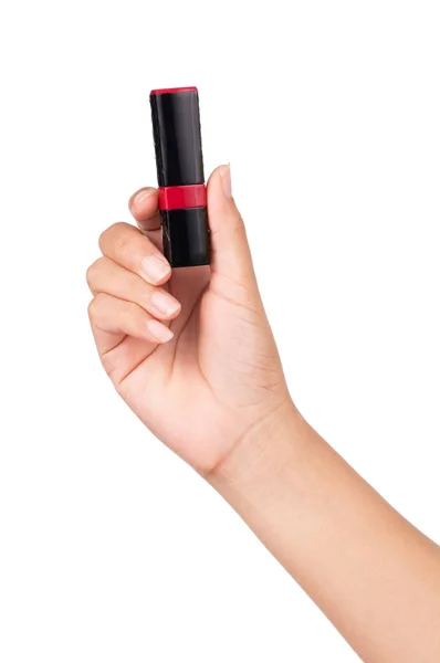 Hand Houden Rode Lippenstift Geïsoleerd Witte Achtergrond — Stockfoto