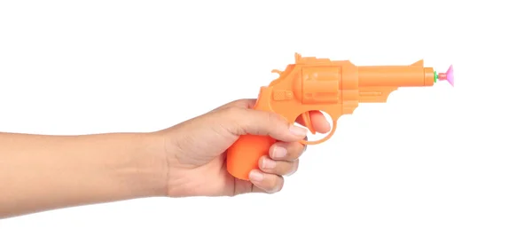 Hand Houden Toy Gun Gemaakt Van Kunststof Geïsoleerd Witte Achtergrond — Stockfoto