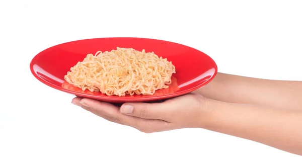 Mano Celebración Cocida Fideos Instantáneos Plato Aislado Sobre Fondo Blanco —  Fotos de Stock