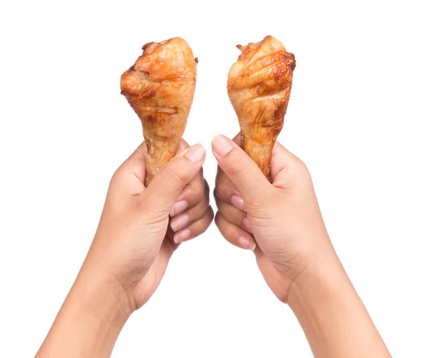 Hand Holding Roasted Chicken Leg Isolated White Background — Stock Photo, Image
