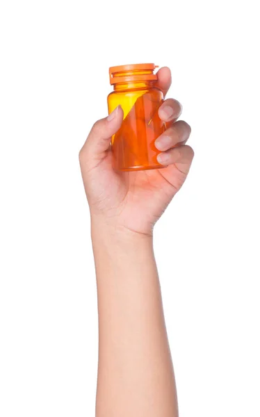 Рука Держит Пустые Лекарства Оранжевая Бутылка Изолированы Белом Фоне — стоковое фото