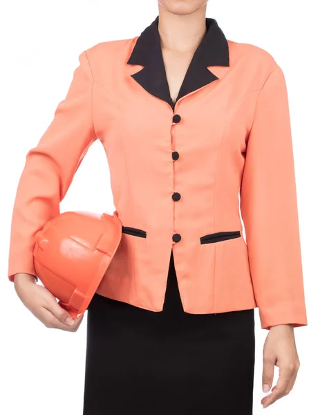 Femme Ingénieur Civil Chemise Orange Tenant Casque Sécurité Construction Isolé — Photo