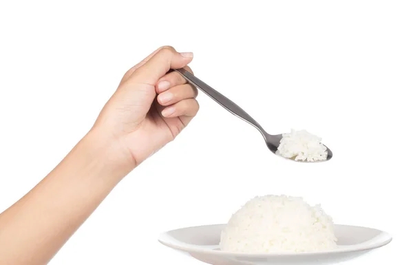 Χέρι Κρατώντας Κουτάλι Τρώει Γιασεμί Ρυζιού Πιάτο Που Απομονώνονται Λευκό — Φωτογραφία Αρχείου