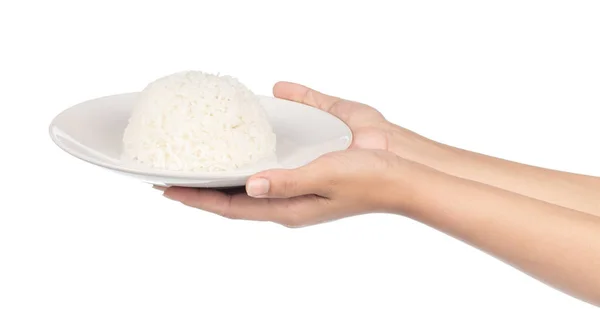Beyaz Arka Planda Ele Tutuşan Pirinç Tabağı — Stok fotoğraf