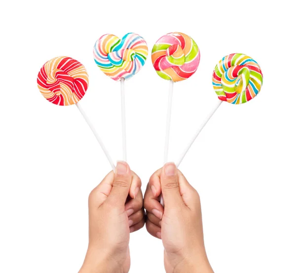 Hand Holding Colorful Spiral Lollipops Isolated White Background — Stock Photo, Image