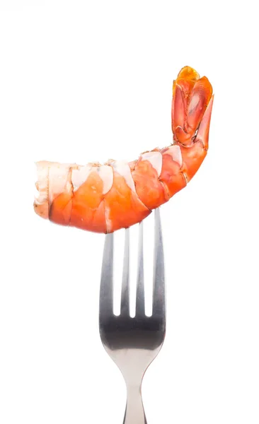 Holding Fork Eating Grilled Shrimp Isolated White Background — Stock Photo, Image