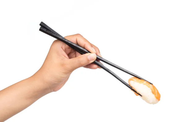 Hand Holding Zalm Sushi Met Stokjes Geïsoleerd Witte Achtergrond — Stockfoto