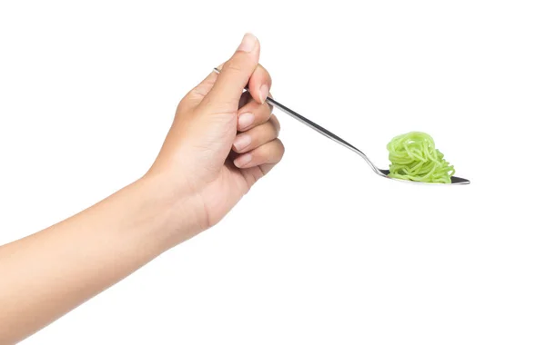 Hand Håller Gaffel Äta Grön Kinesiska Vermicelli Isolerad Vit Bakgrund — Stockfoto