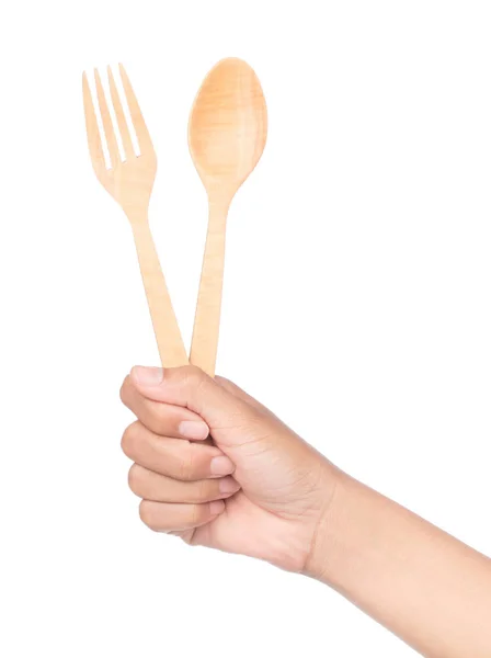 Hand Holding Wood Spoon Fork Isolated White Background — 스톡 사진