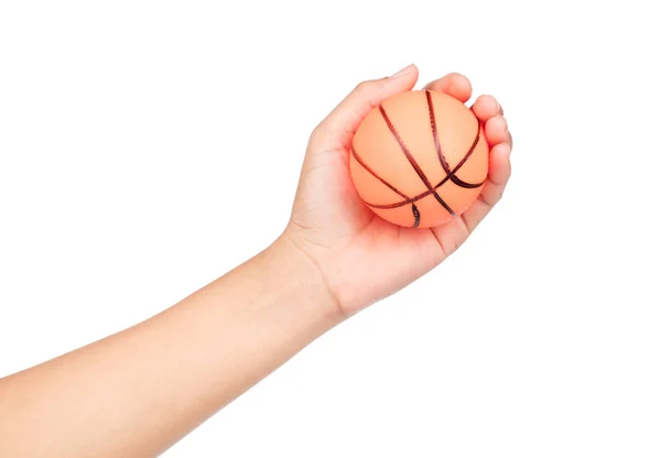 Mão Segurando Bola Cesta Laranja Isolado Fundo Branco — Fotografia de Stock