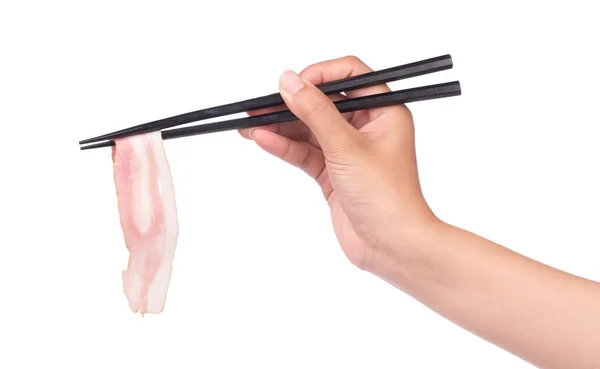 Hand Hält Essstäbchen Isst Speck Isoliert Auf Weißem Hintergrund — Stockfoto