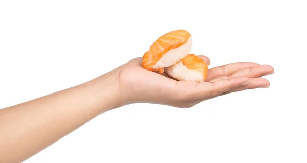 Hand Hält Lachssushi Isoliert Auf Weißem Hintergrund — Stockfoto