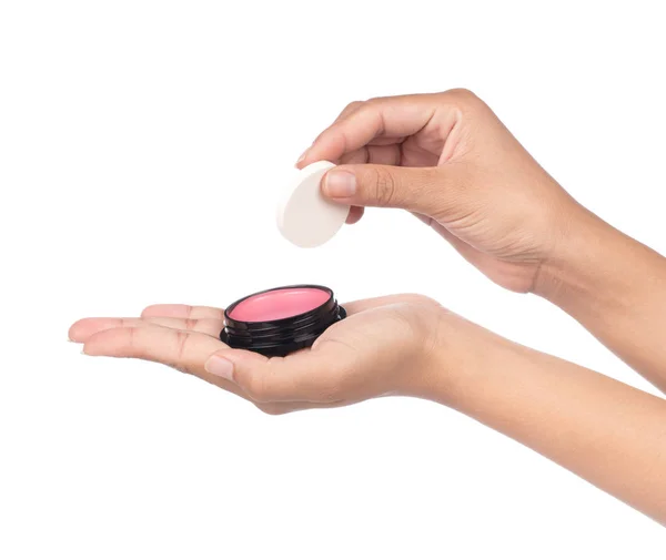 手を握る白い背景に隔離された化粧品ピンクの赤面 — ストック写真