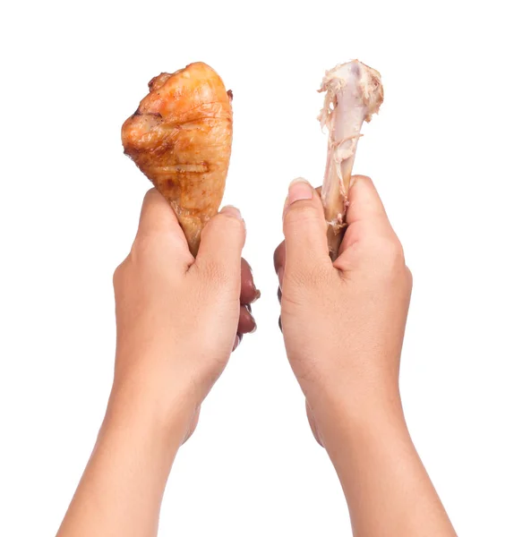 Hand Hält Knochen Von Gebratenem Hühnerbein Isoliert Auf Weißem Hintergrund — Stockfoto