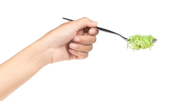 Hand Håller Gaffel Äta Grön Kinesiska Vermicelli Isolerad Vit Bakgrund — Stockfoto