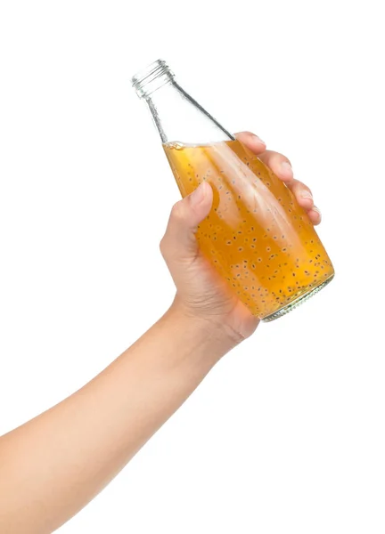 Hand Hält Ananassaft Mit Basilikumkern Glasflaschen Isoliert Auf Weißem Hintergrund — Stockfoto