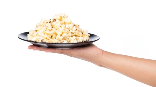 Hand Hält Teller Mit Popcorn Isoliert Auf Weißem Hintergrund — Stockfoto