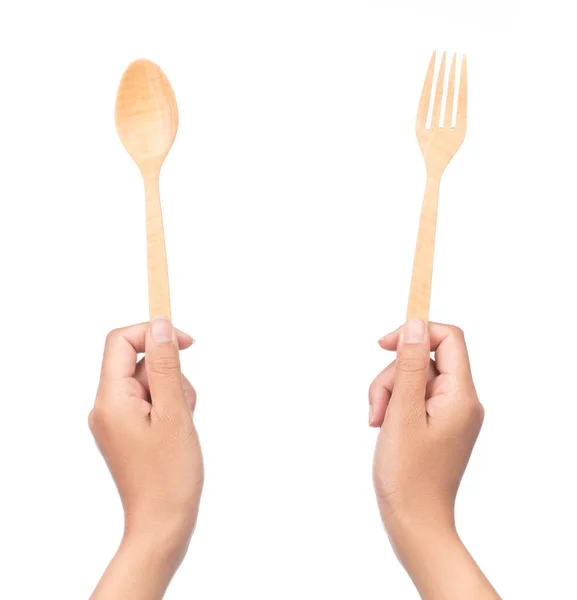 Hand Holding Wood Spoon Fork Isolated White Background — 스톡 사진